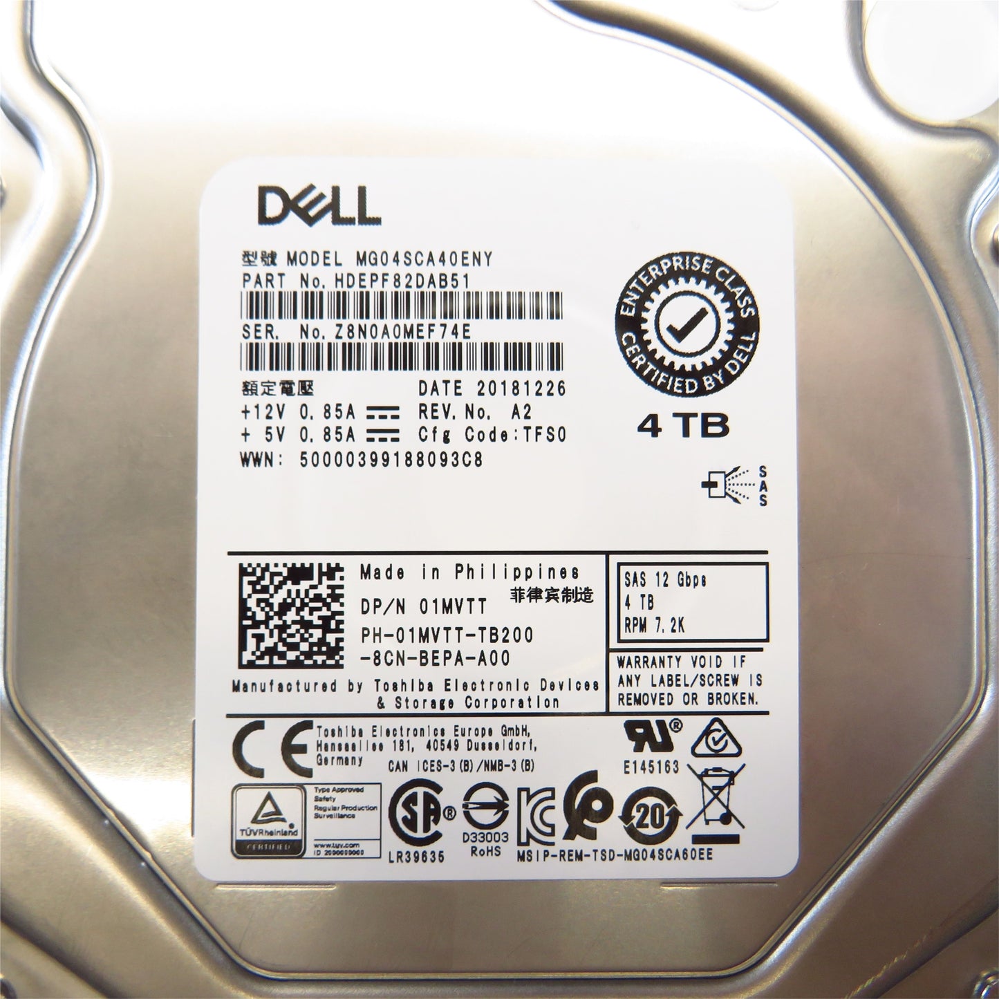 Dell 1MVTT 4TB 7.2K RPM 3.5" SAS 12Gbps LFF NL HDD Server Hard Drive (Refurbished)