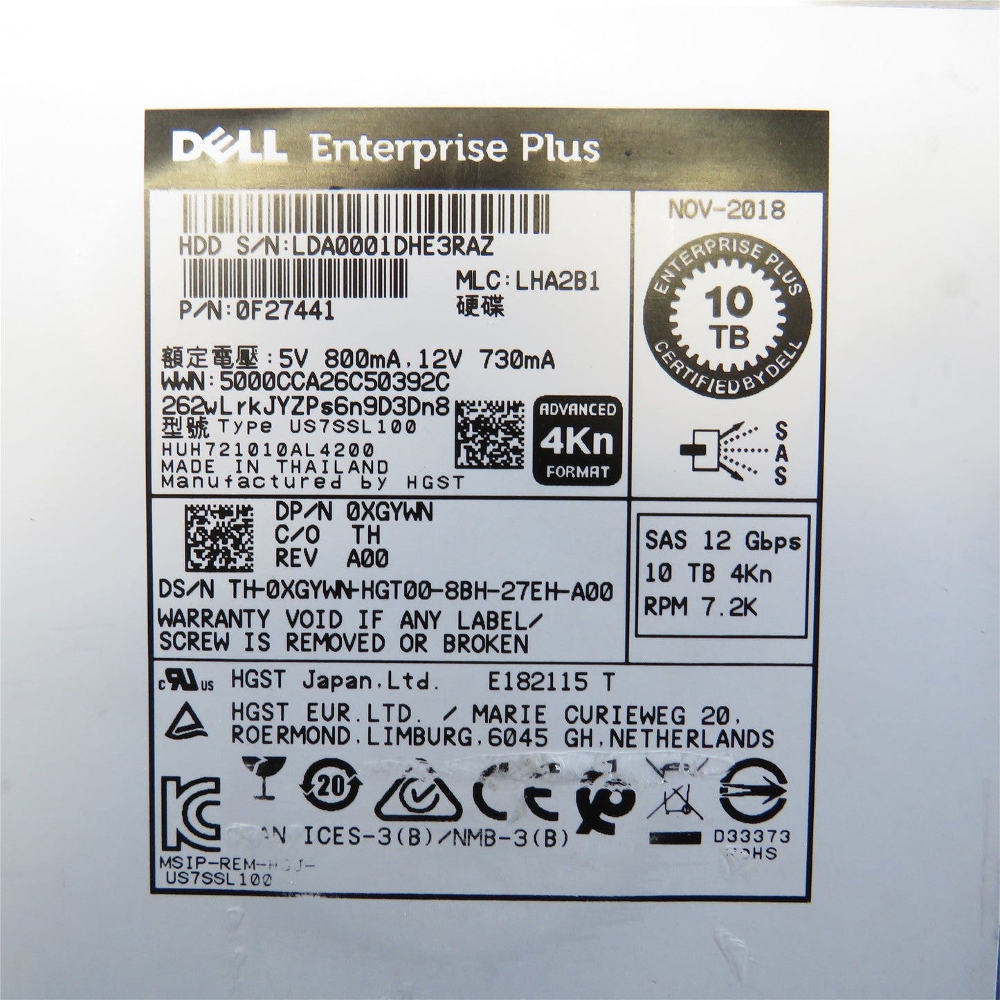 Dell XGYWN 10TB 3.5" SAS 12Gbps 7.2K RPM HDD Hard Drive (Refurbished)