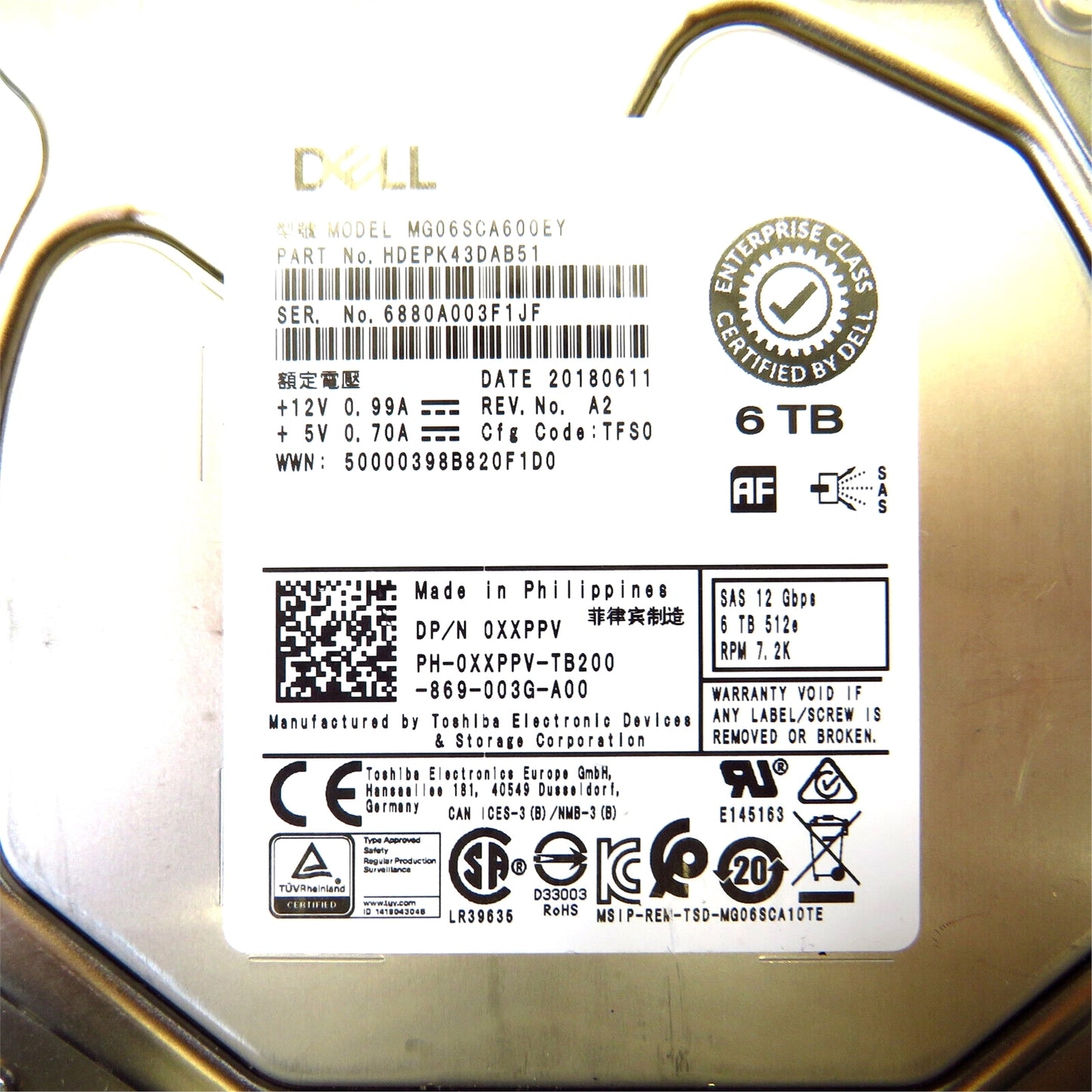 Dell XXPPV 3.5" 6TB 7200RPM SAS 12Gb/s Hard Disk Drive (HDD), Silver (Refurbished)