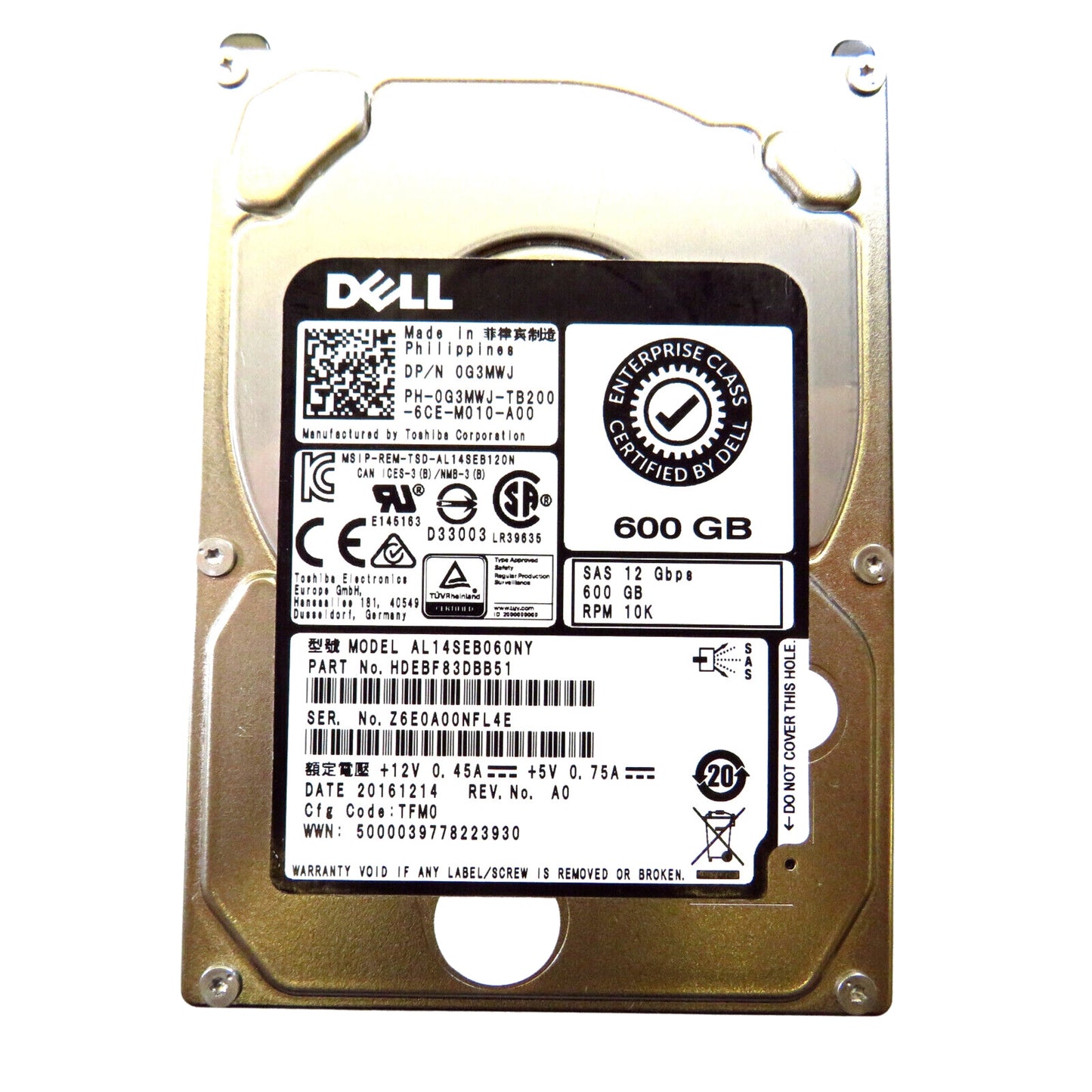 Dell G3MWJ 2.5" 600GB 10000RPM SAS 12Gb/s Hard Disk Drive (HDD), Silver (Refurbished)